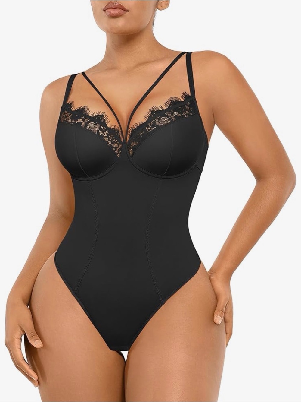 A60 SHAPELLX NEW Black V neck Lace-Trim Bodysuit Tummy Control Shapewear Strappy